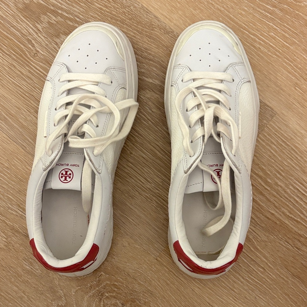 Tory Burch White Sneakers with Red Heel Accent